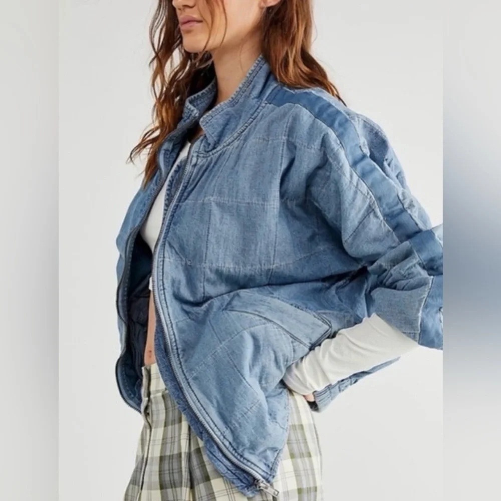 NEW EXCELLENT Free People Dolman Medium Wash Blue Quilted Denim Jacket Large - Picture 3 of 8